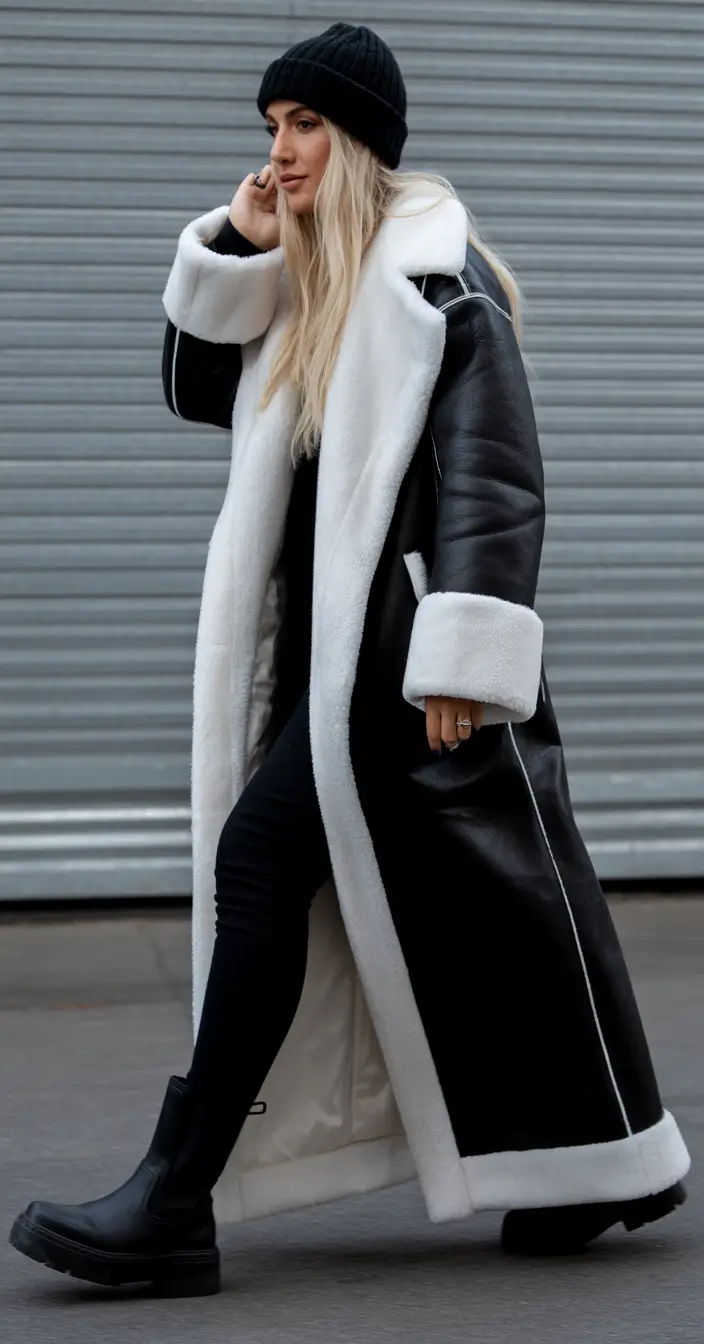 Aesthetic Winter Outfit Ideas 2025–2026 Black and White Shearling Statement