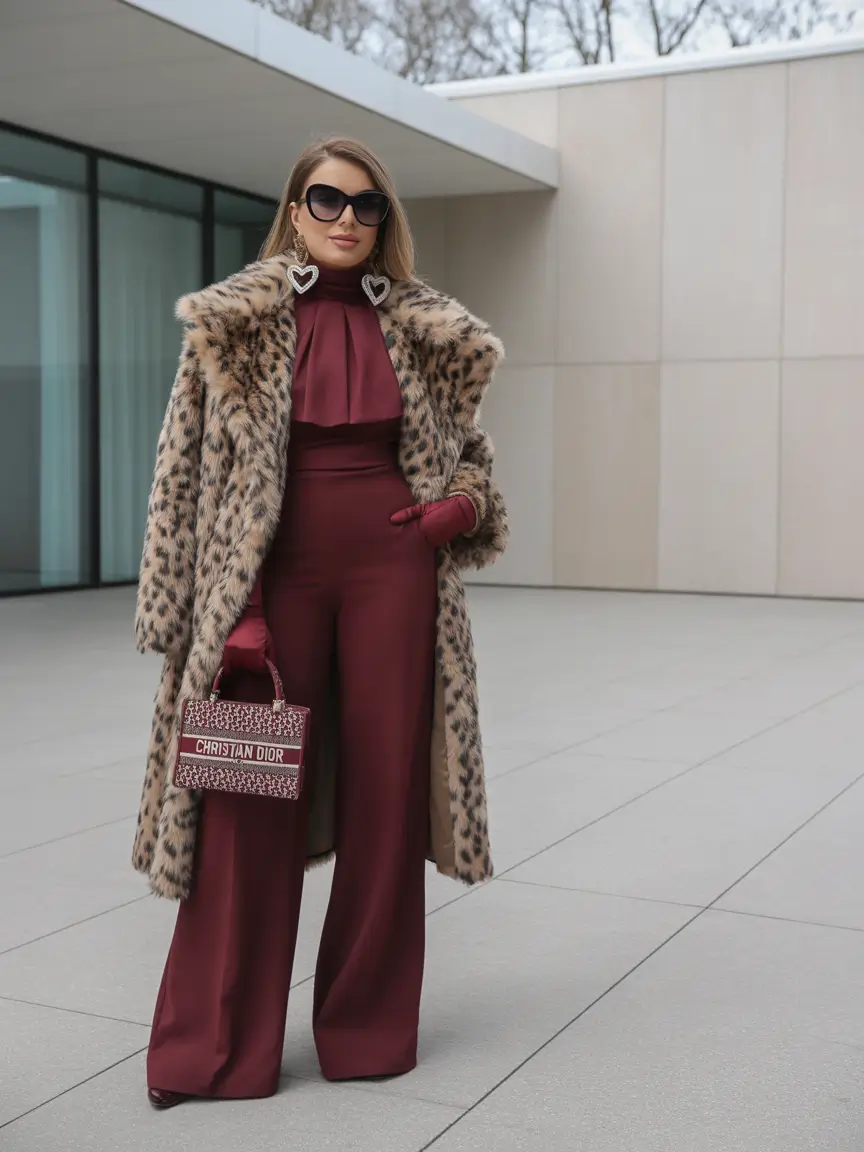 Aesthetic Winter Outfit Ideas 2025–2026 Animal Print Luxe with Burgundy Layers