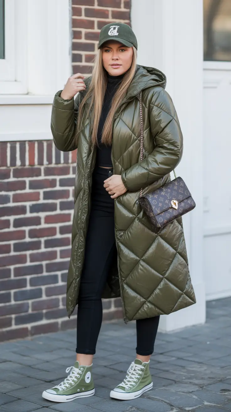 Aesthetic Winter Outfit Ideas 2025–2026 Street-Ready Green Quilted Coat