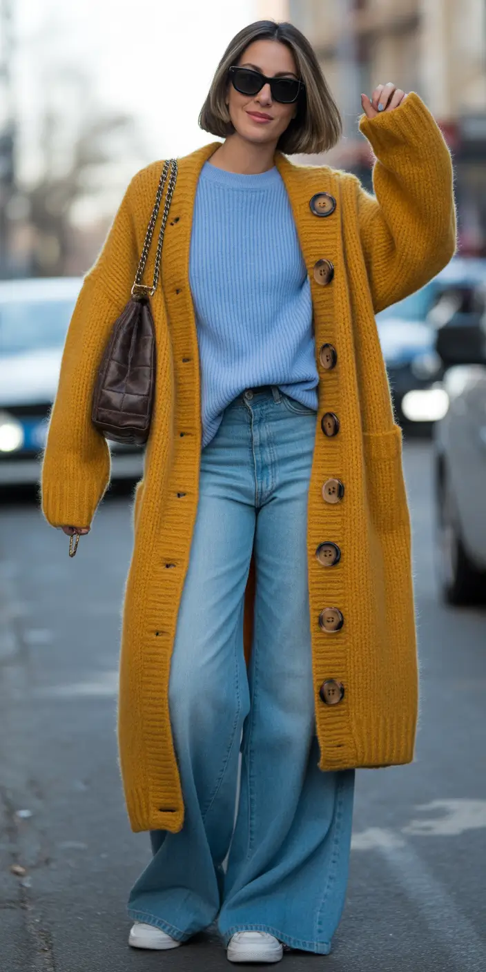 Aesthetic Winter Outfit Ideas 2025–2026 Playful Knits in Mustard and Blue