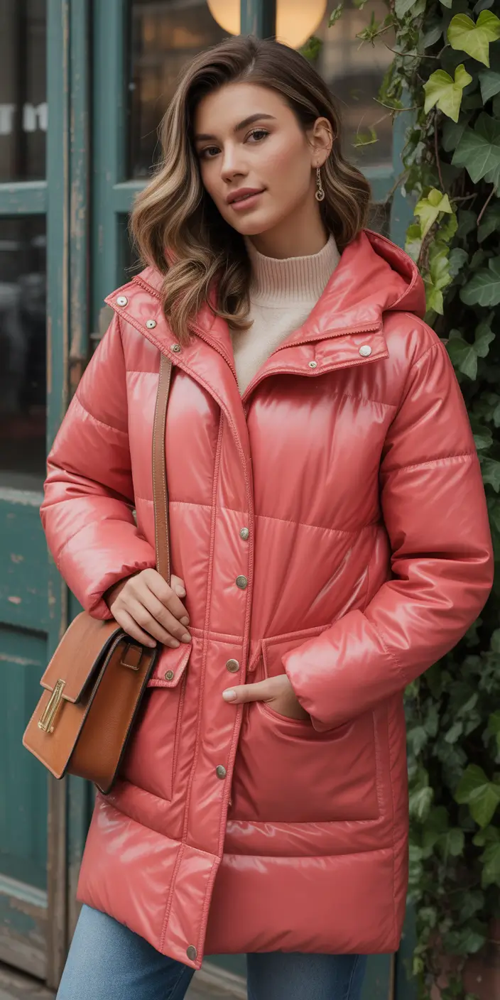 Aesthetic Winter Outfit Ideas 2025–2026 Soft Coral Puffer