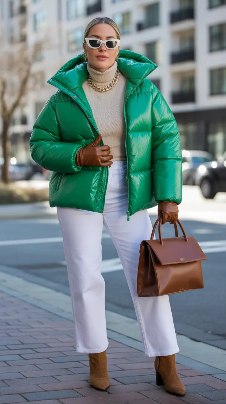 Aesthetic Winter Outfit Ideas 2025–2026 Bold Green Puffer with White Balance