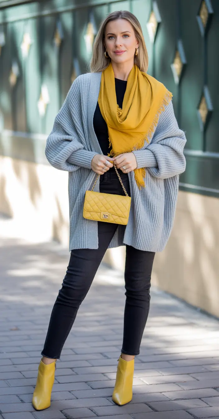 Aesthetic Winter Outfit Ideas 2025–2026 Soft Grays with Golden Pops