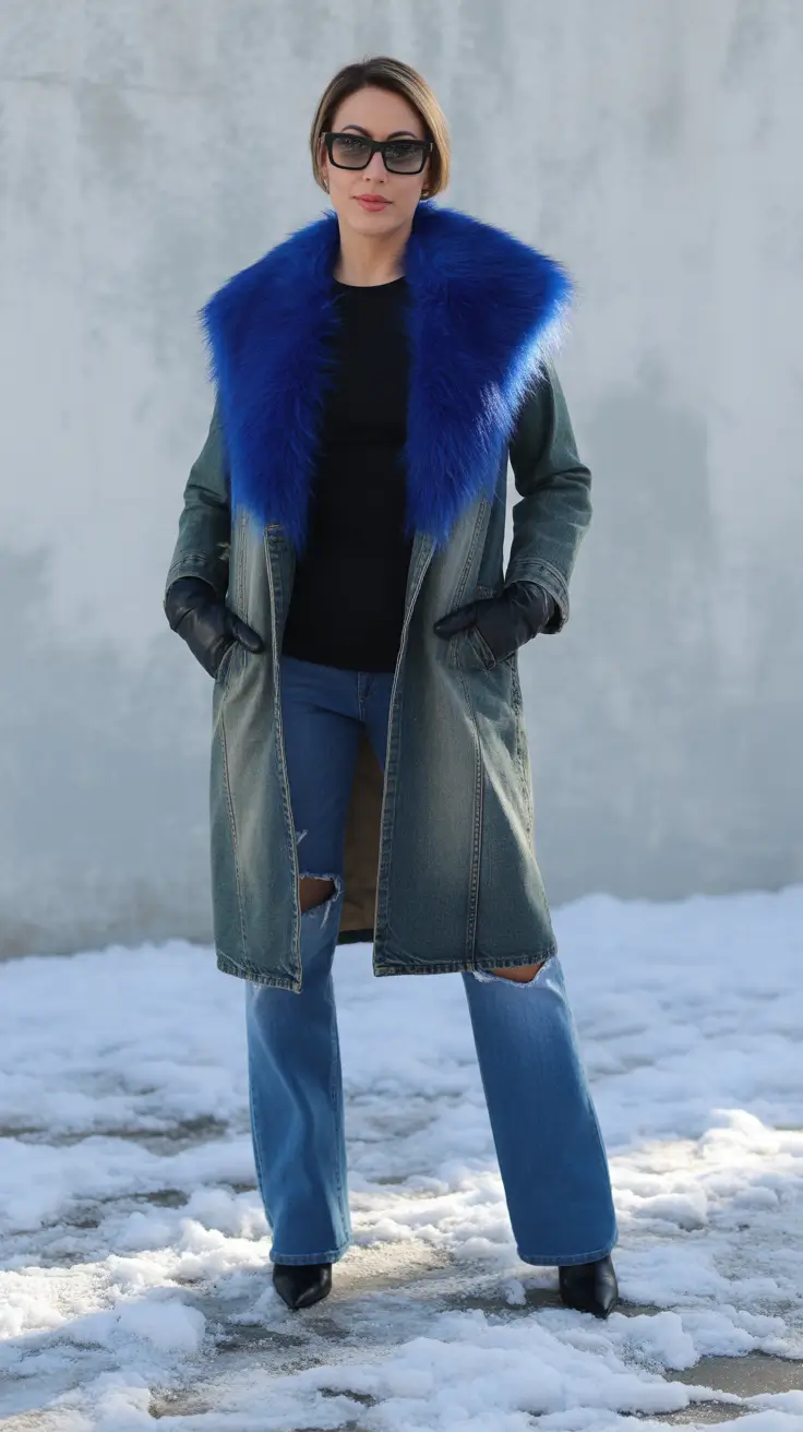 Aesthetic Winter Outfit Ideas 2025–2026 Denim Drama with Bold Blue Fur