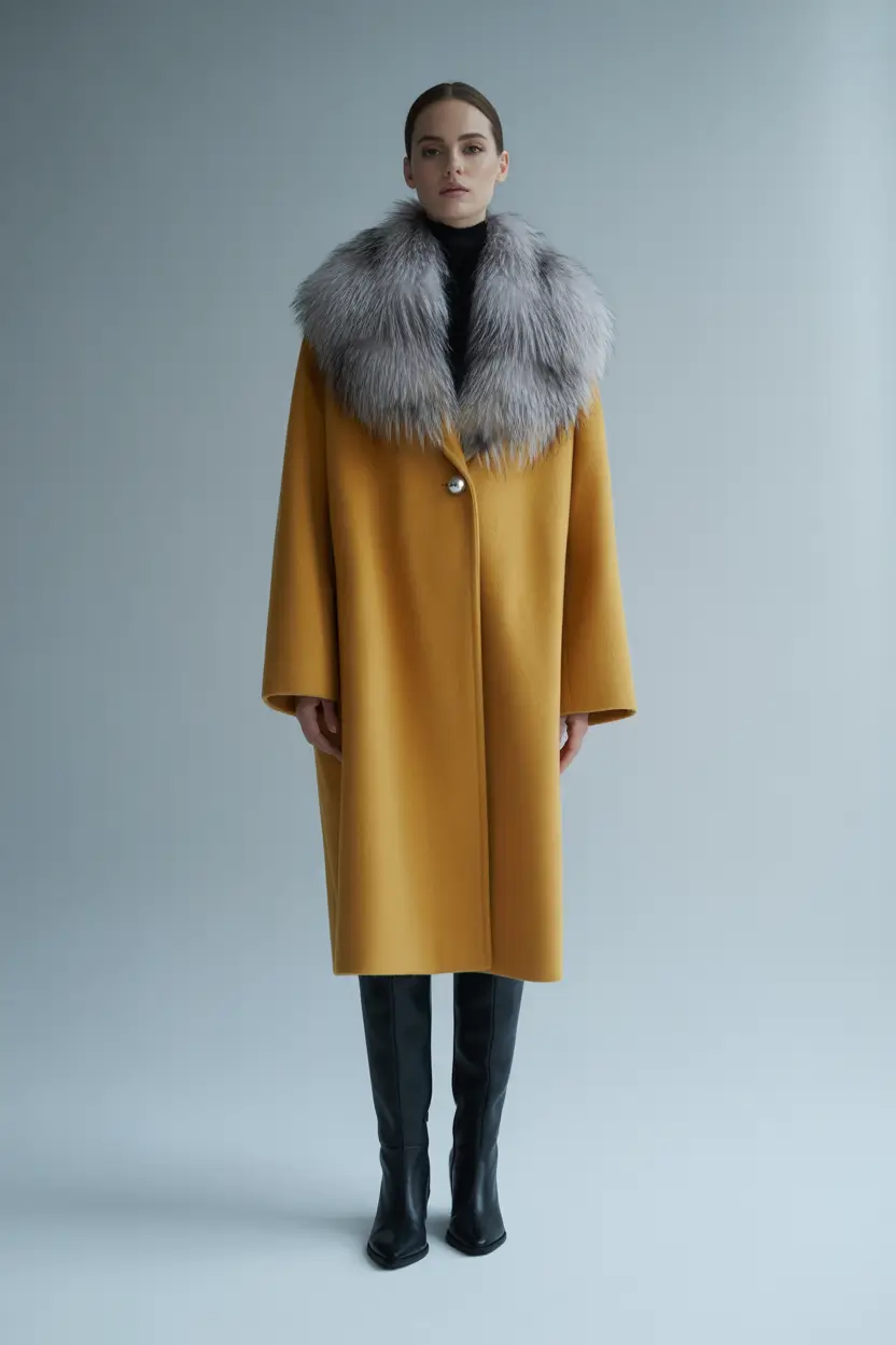 Best Winter 2025–2026 Looks Mustard Coat with Silver Fur Collar