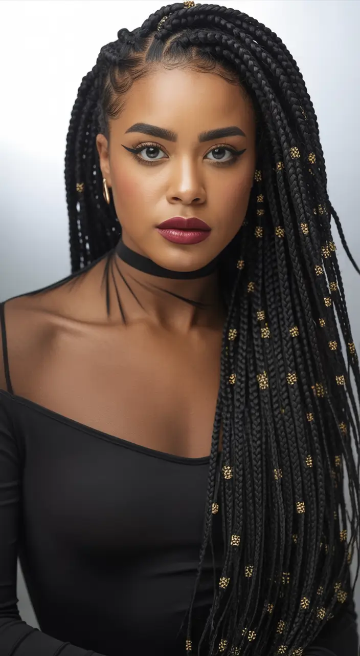 Black women’s winter hairstyles long braids with gold