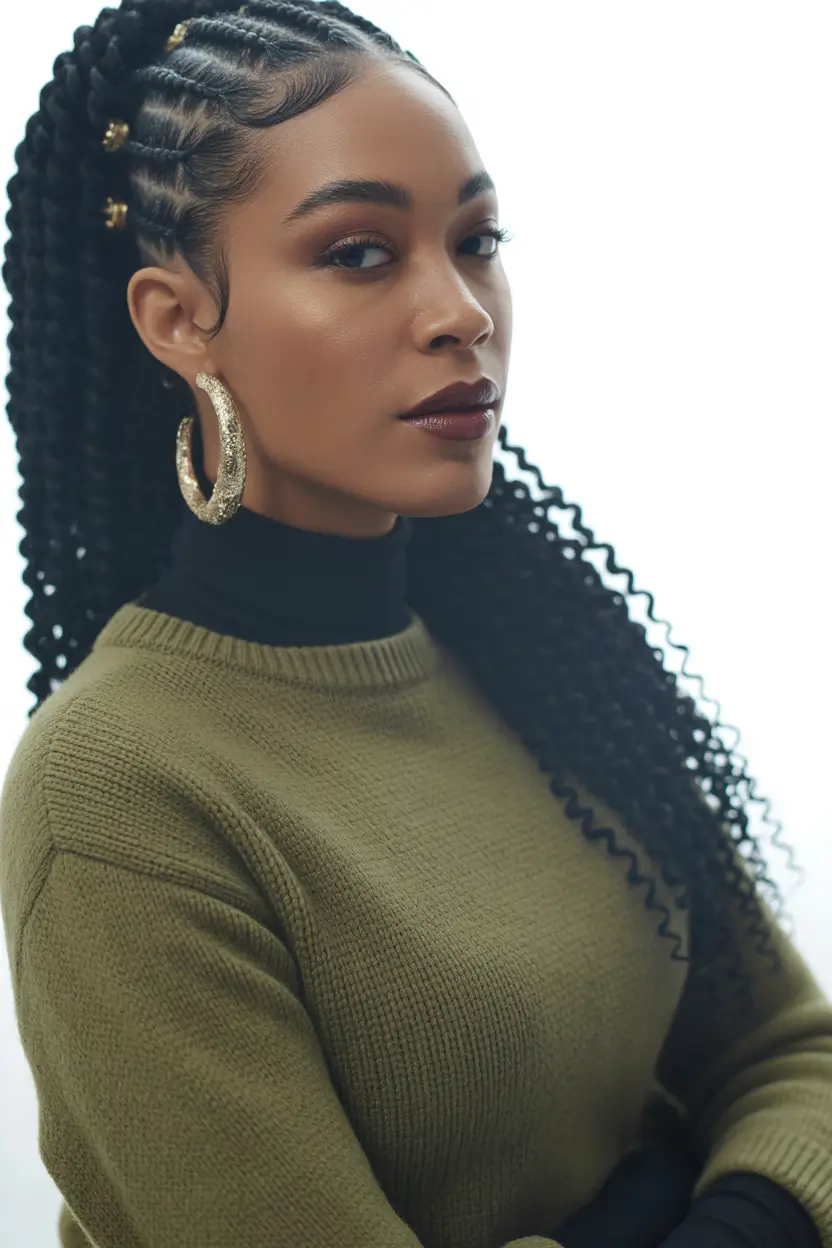 Black women’s winter hairstyles cornrows with curly length