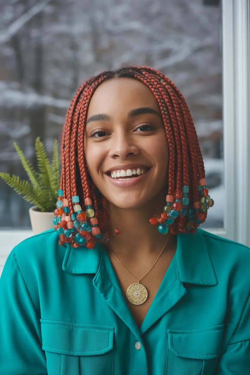 Black women’s winter hairstyles colorful braids with beads