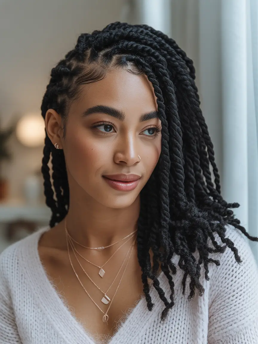 Black women’s winter hairstyles shoulder-length marley twists