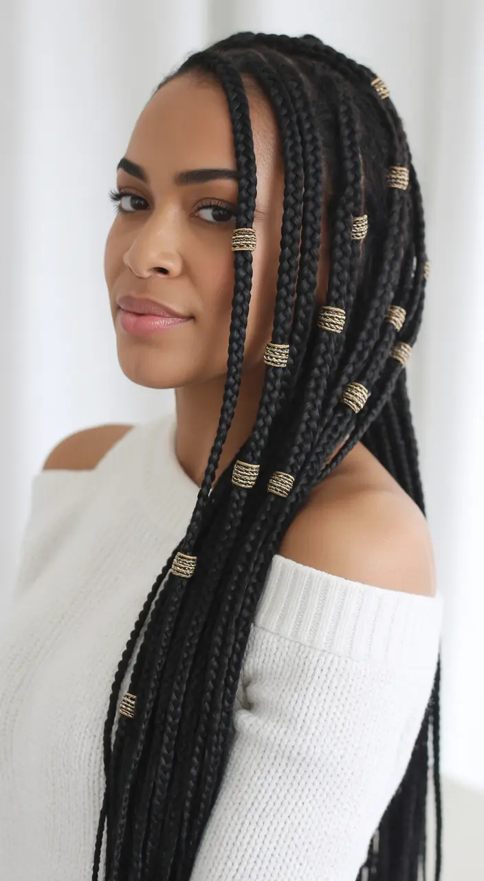 Black women’s winter hairstyles box braids with gold