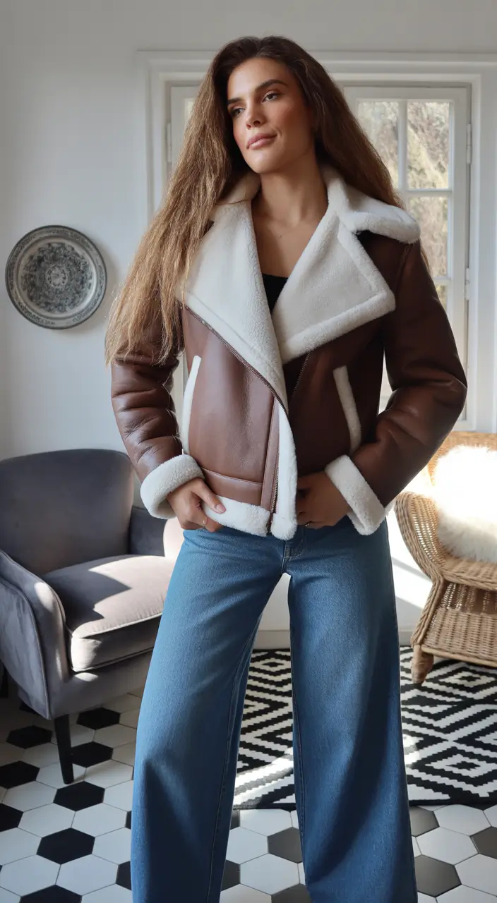 Women cold weather Classic Shearling and Wide-Leg Denim