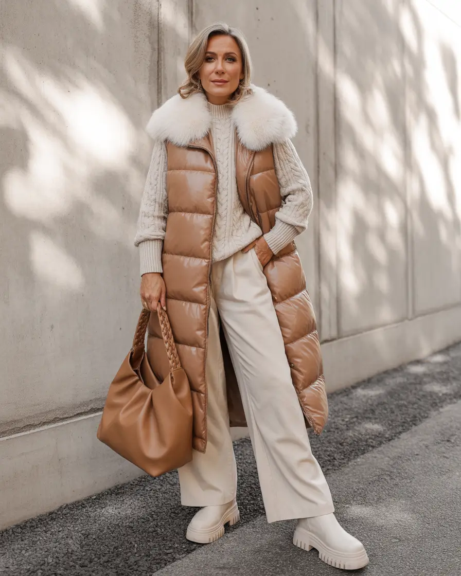 Women cold weather Longline Vest with White Fur Collar