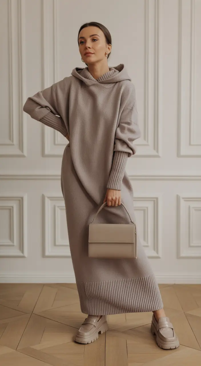 Women cold weather Hooded Knit Dress in Neutral Tones