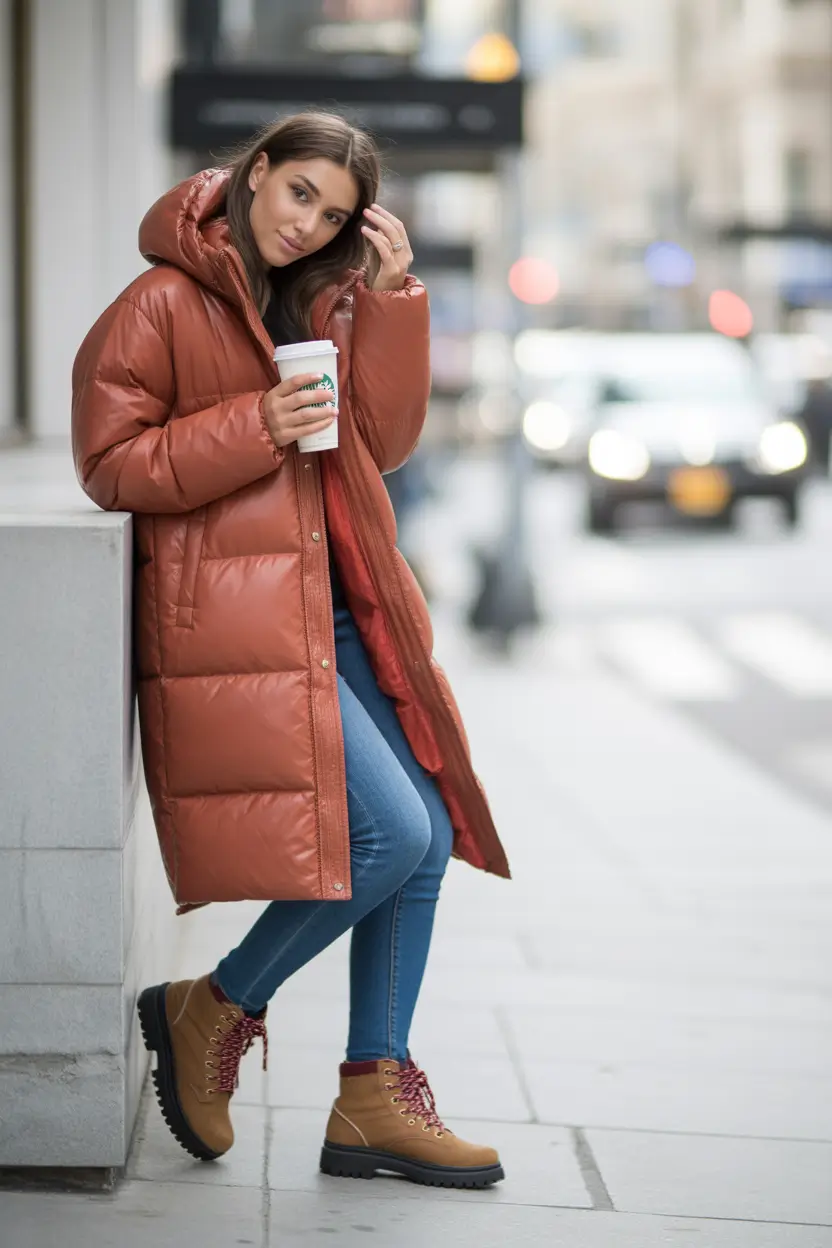 Women cold weather Rust-Toned Puffer and Street-Ready Boots