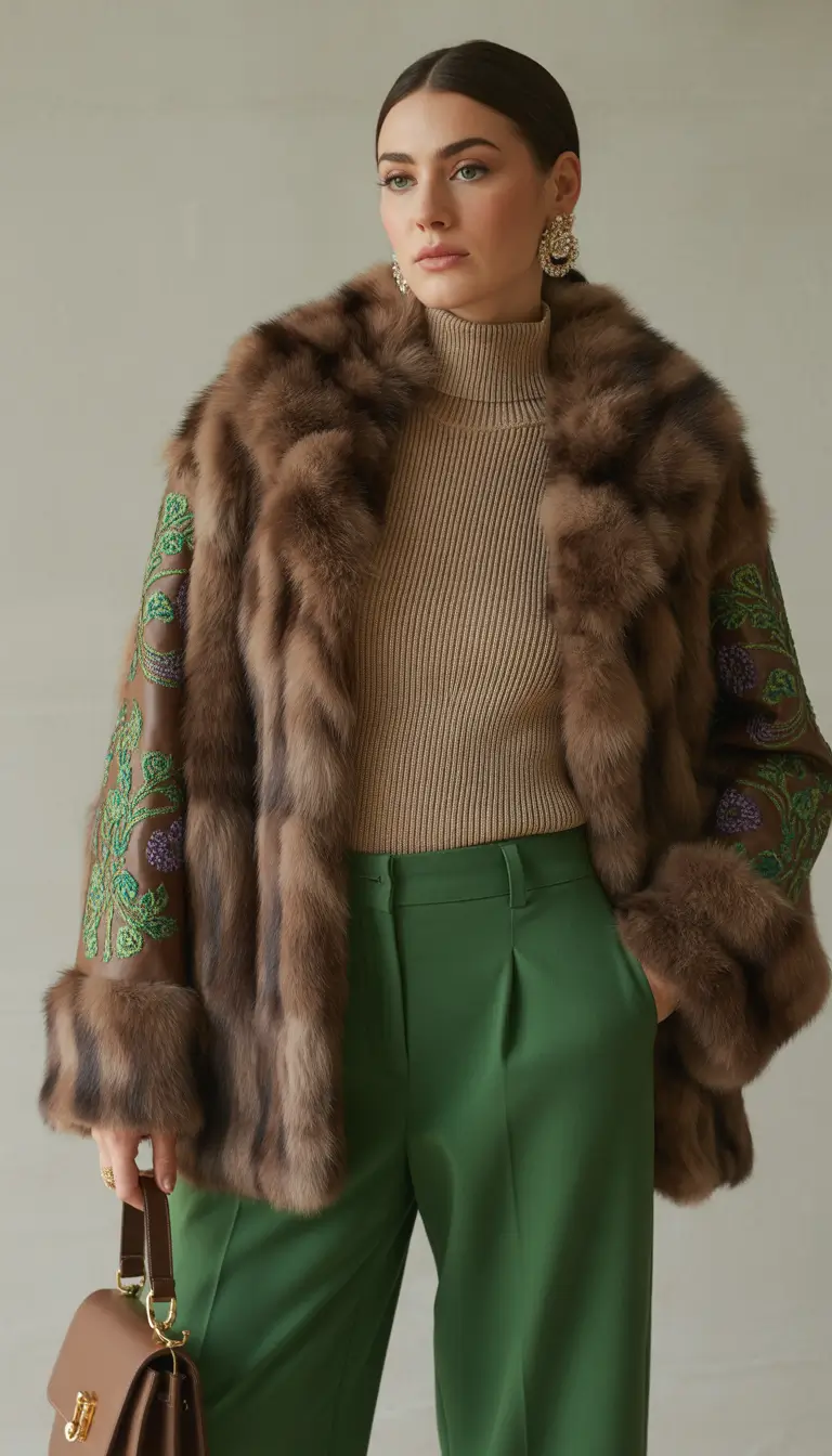 Women cold weather Statement Fur and Bold Green Trousers
