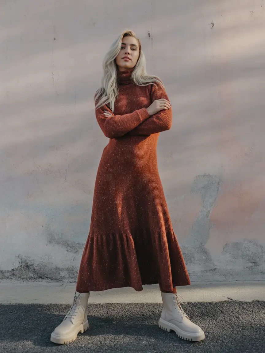 Women cold weather Rust Sweater Dress and Chunky Boots