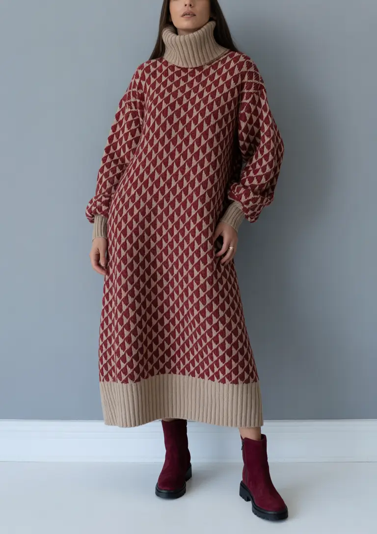 Women cold weather Geometric Sweater Dress with Burgundy Boots