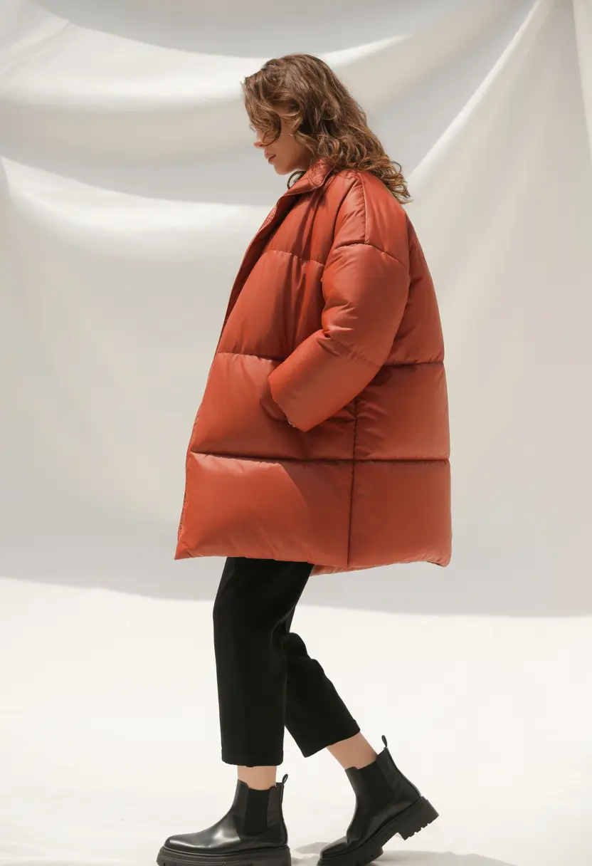 Women cold weather Minimalist Rust Puffer with Black Accents