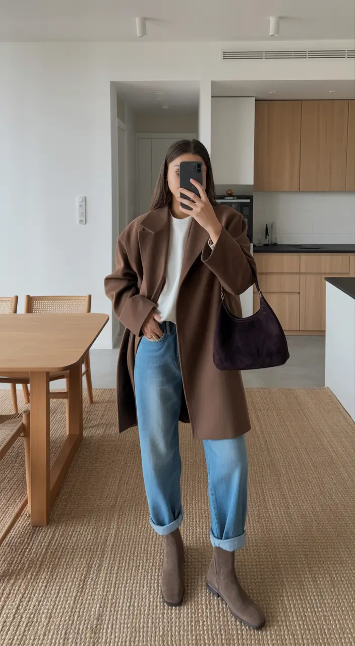 Cozy outfits to Wear in October 2025 Chocolate Coat & Rolled Denim Comfort