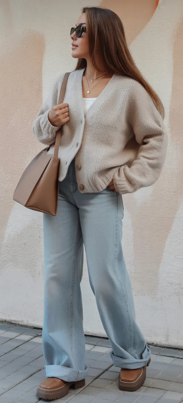 Cozy outfits to Wear in October 2025 Beige Cardigan Layers with Wide Denim