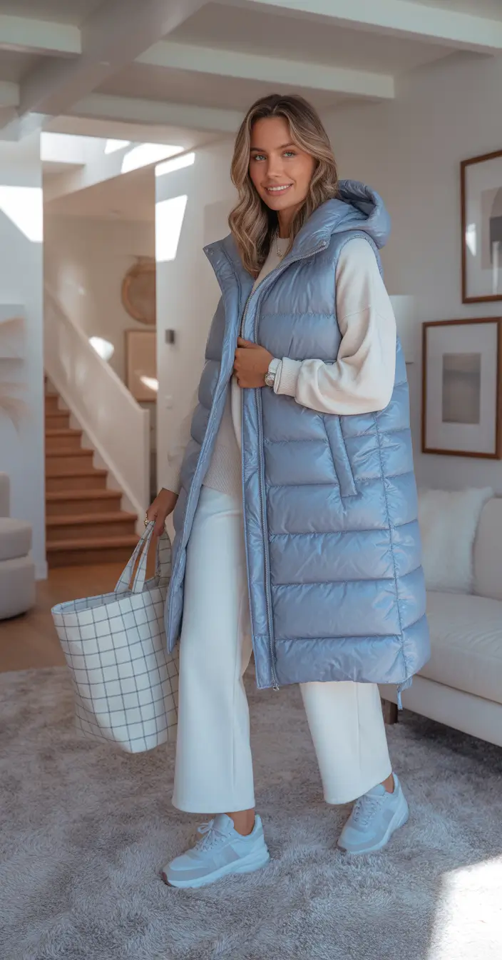 Cozy outfits to Wear in October 2025 Powder Blue Puffer & Cream Neutrals