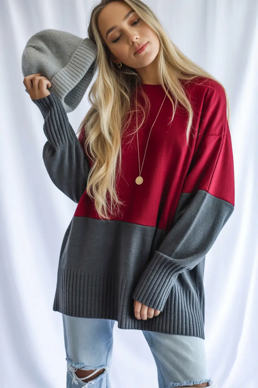 Cozy outfits to Wear in October 2025 Two-Tone Knit with Ripped Denim