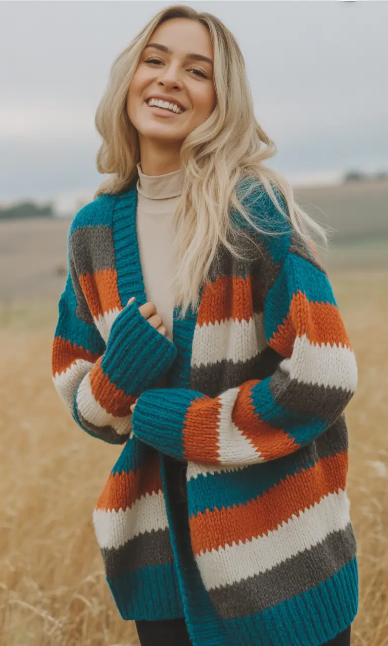 Cozy outfits to Wear in October 2025 Striped Chunky Cardigan in Autumn Tones
