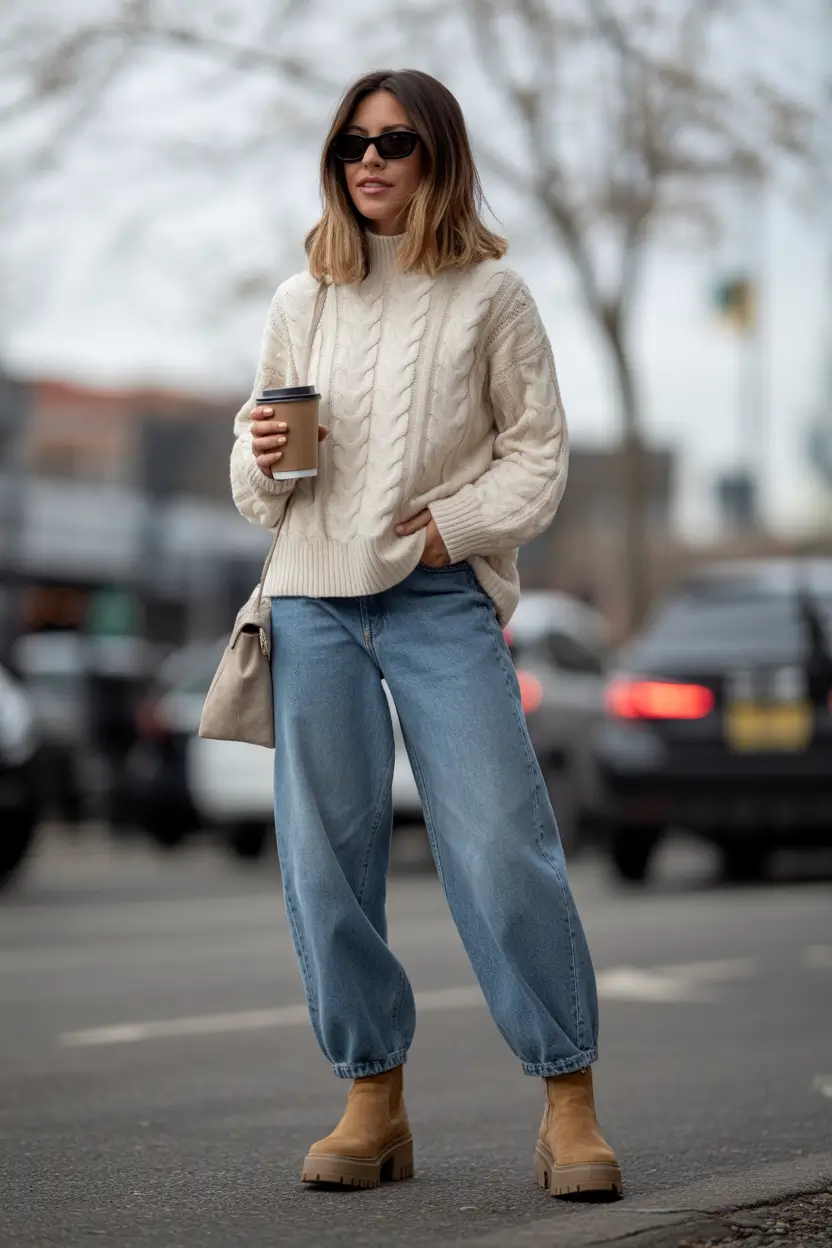 Cozy outfits to Wear in October 2025 Cable Knit Sweater with Relaxed Denim