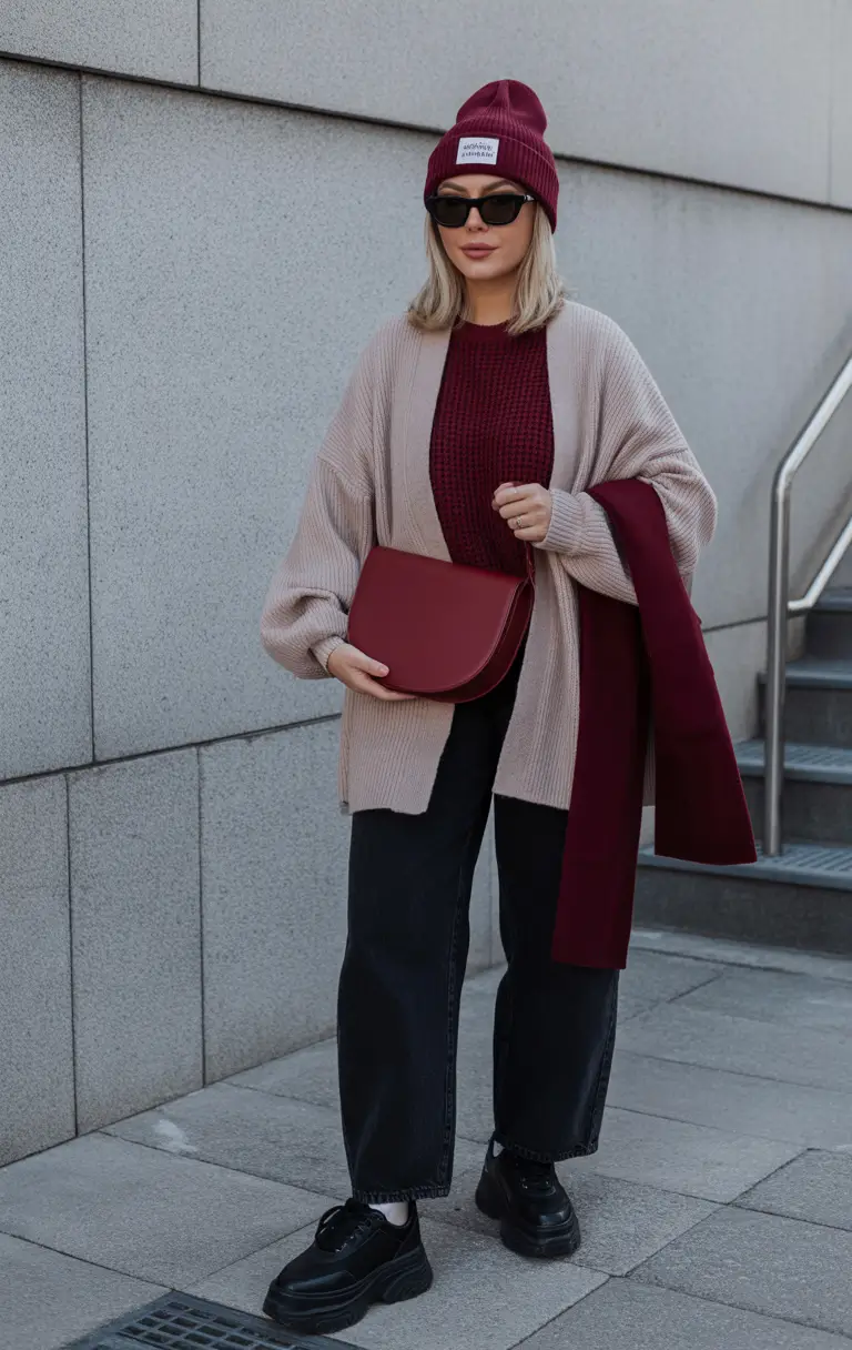 Cozy outfits to Wear in October 2025 Layered Burgundy & Black Street Style