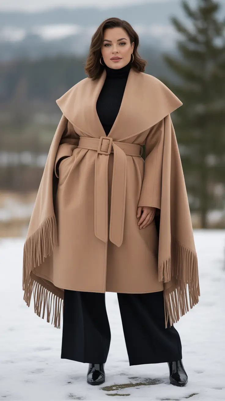 Plus size Camel Cape Coat with Statement Fringes