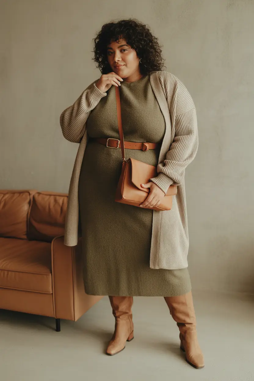 Plus size Olive Knit Dress with Long Cardigan