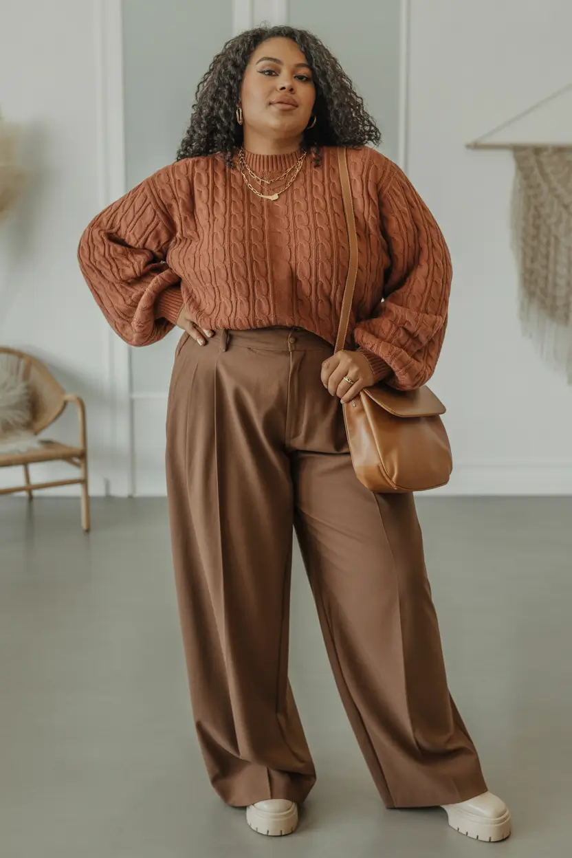 Plus size Earthy Tones with Wide-Leg Pants
