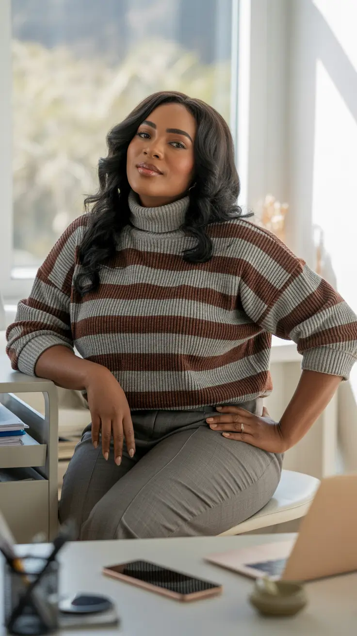 Plus size Striped Turtleneck for Office Ready Style