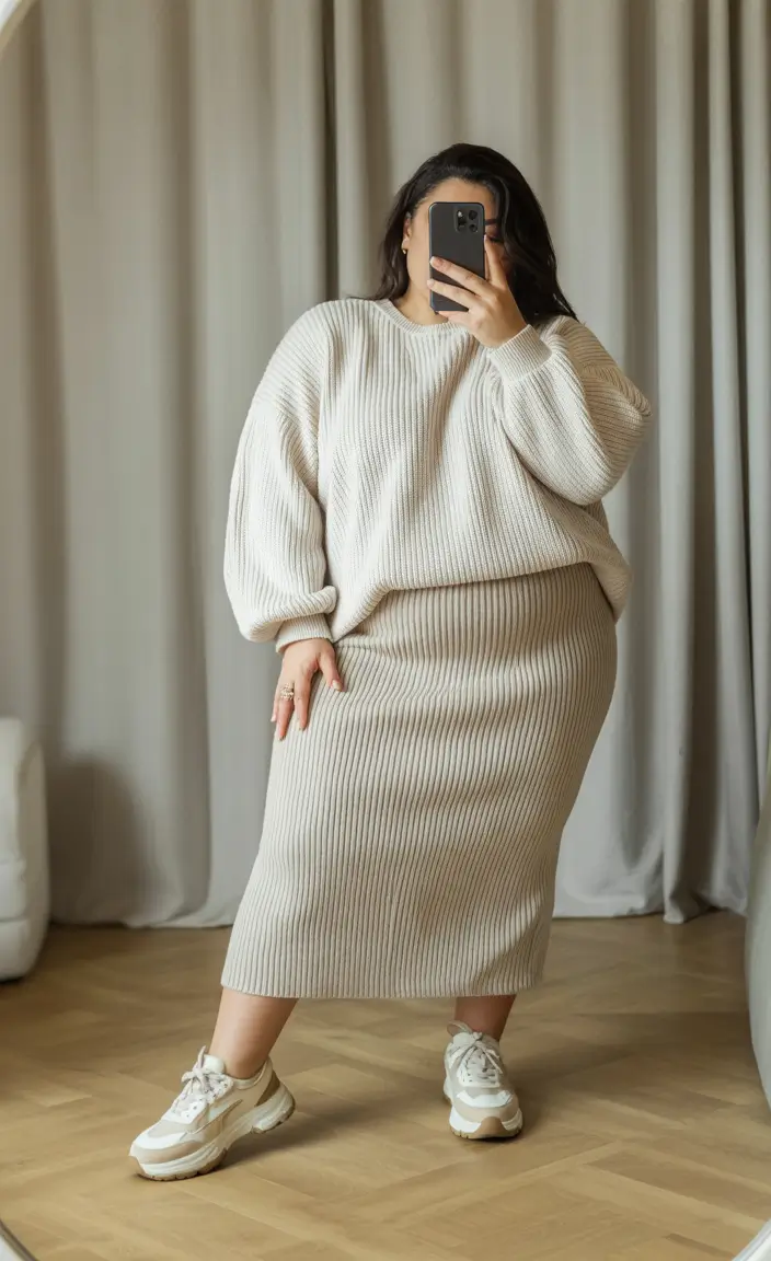 Curvy Winter Outfits 2025 2026 Style Guide Relaxed Knit Skirt Set with Sneakers