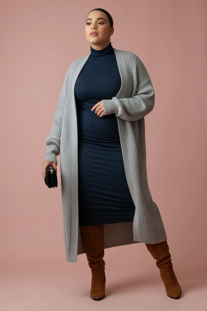 Curvy Winter Outfits 2025 2026 Style Guide Longline Cardigan Over Bodycon Dress