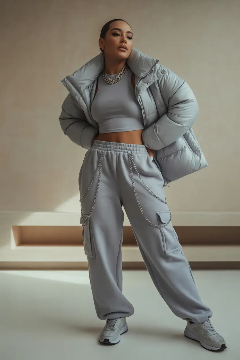 Curvy Winter Outfits 2025 2026 Style Guide Sporty Puffer with Cargo Pants