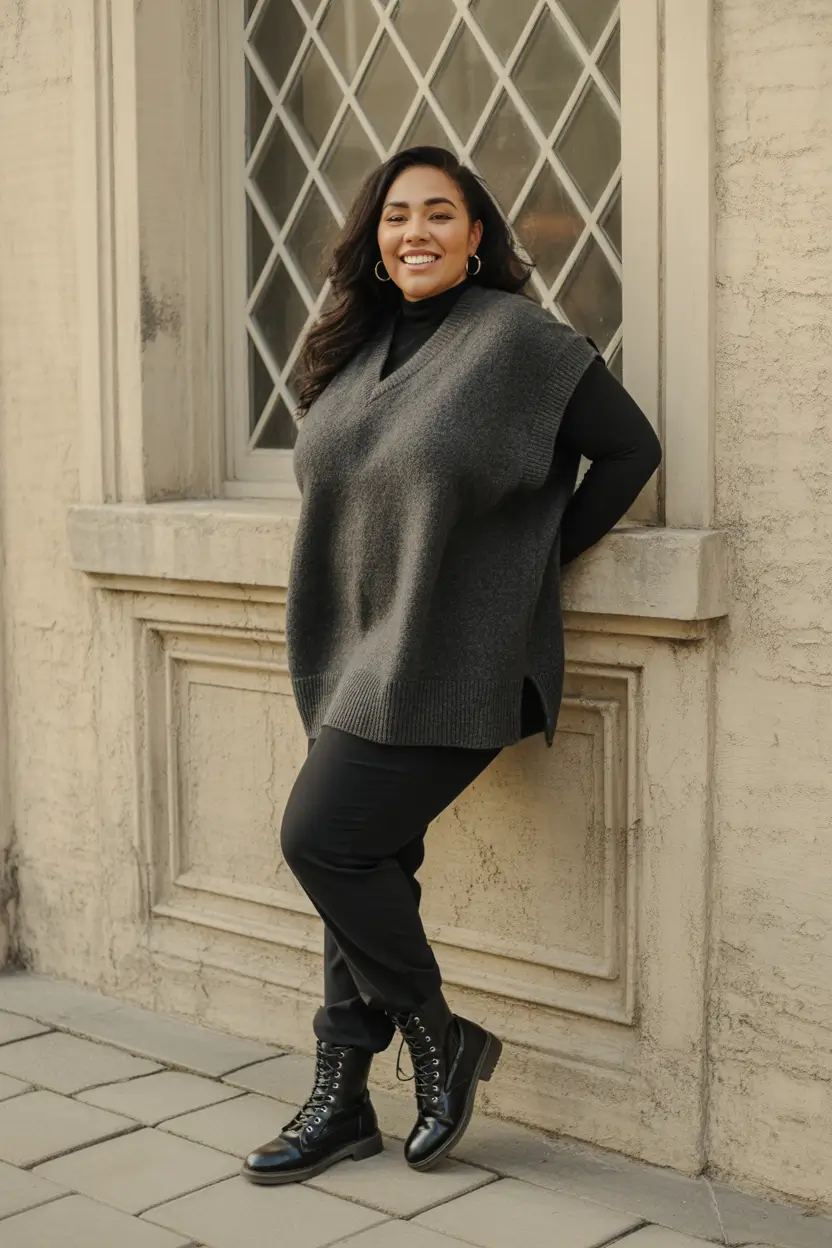 Curvy Winter Outfits 2025 2026 Style Guide Layered Vest with Combat Boots
