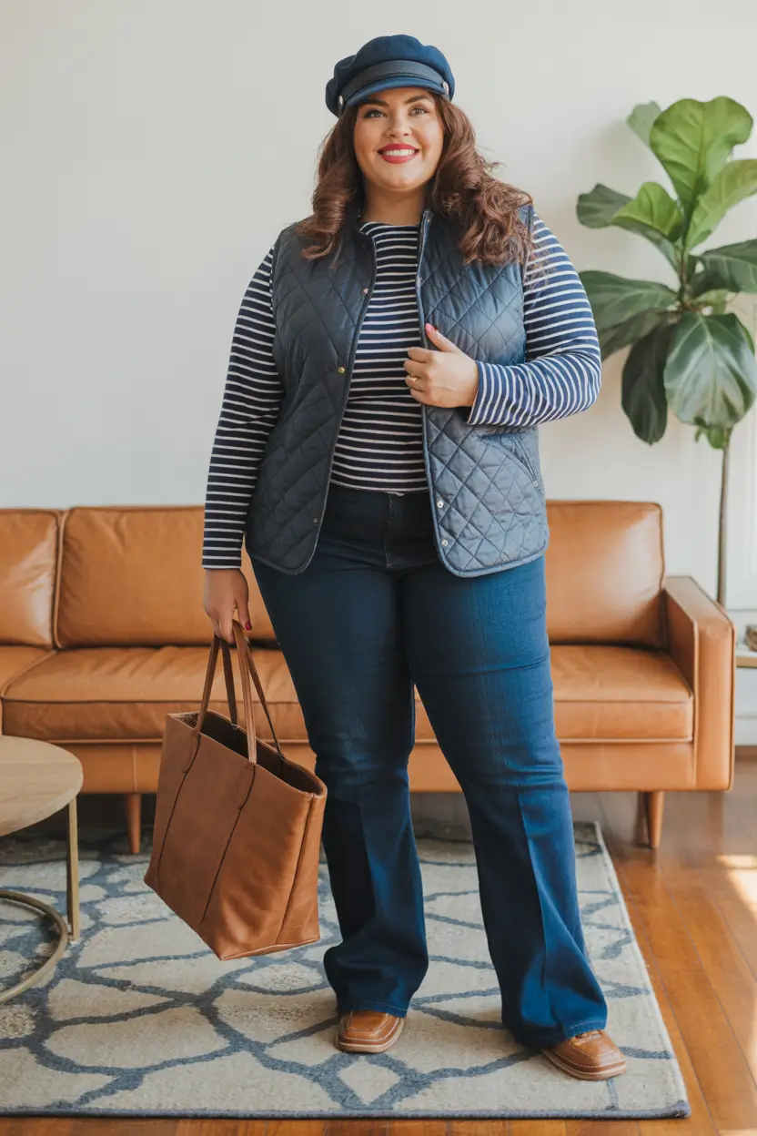 Curvy Winter Outfits 2025 2026 Style Guide Striped Top with Quilted Vest