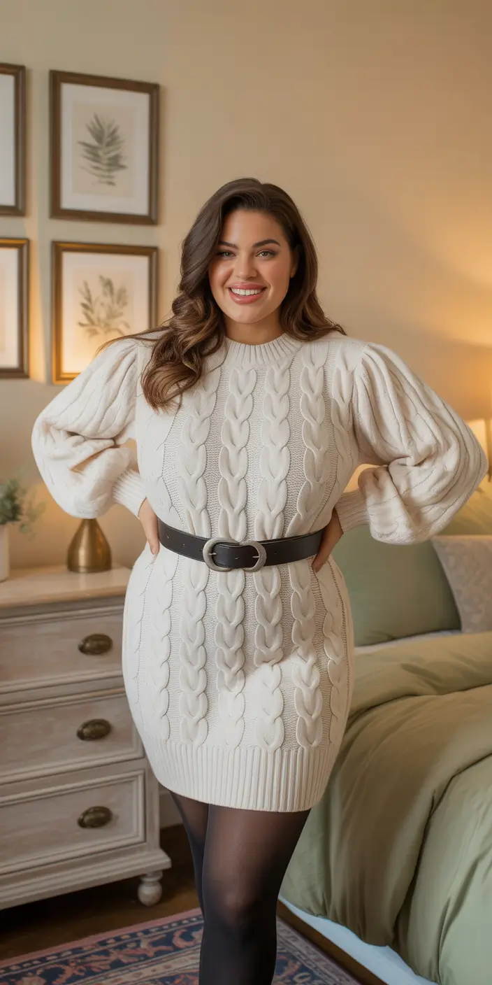 Plus size Cozy Knit Dress with Belted Detail