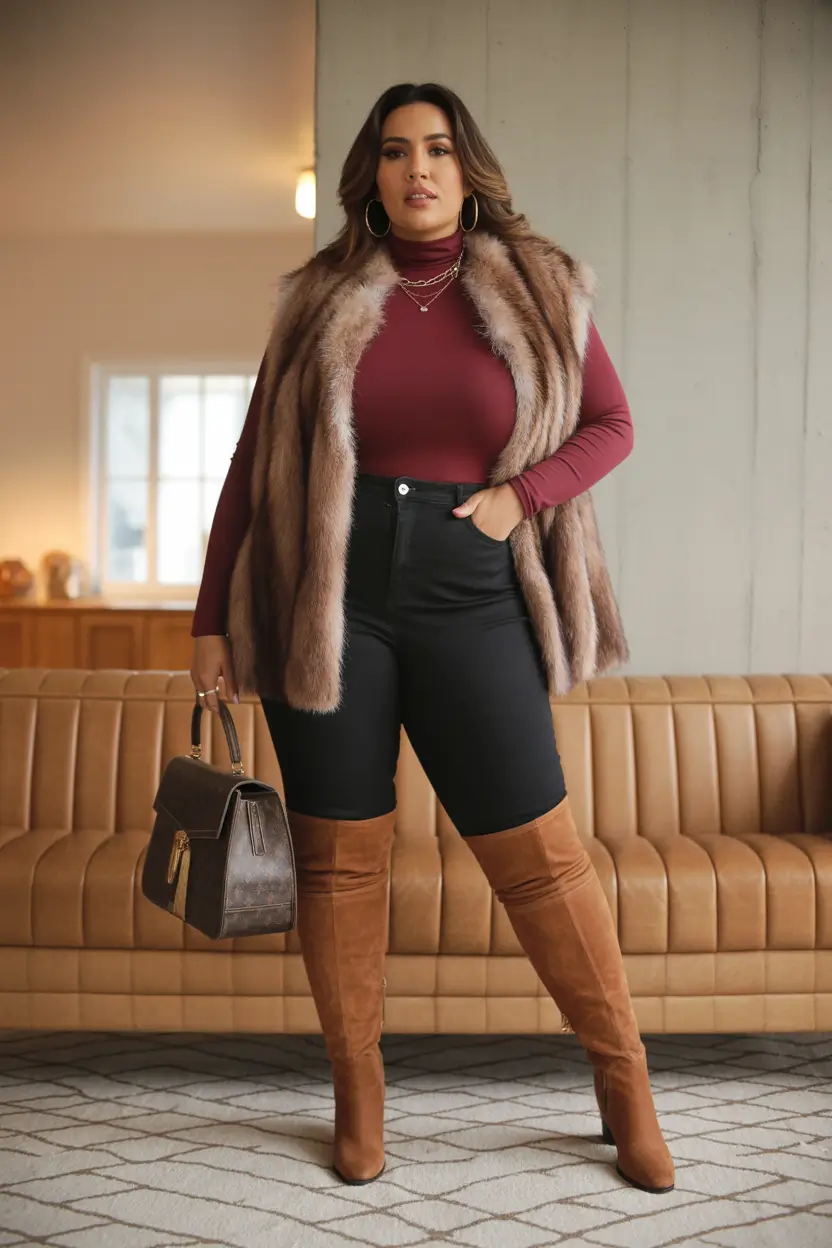 Plus size Faux Fur Layers with Over-the-Knee Boots