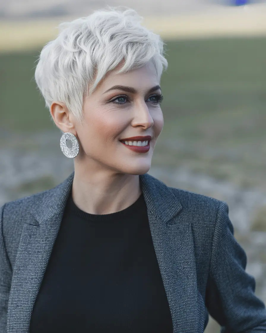 Cute Haircuts for Winter 2025–2026 Chic Silver Pixie with Texture