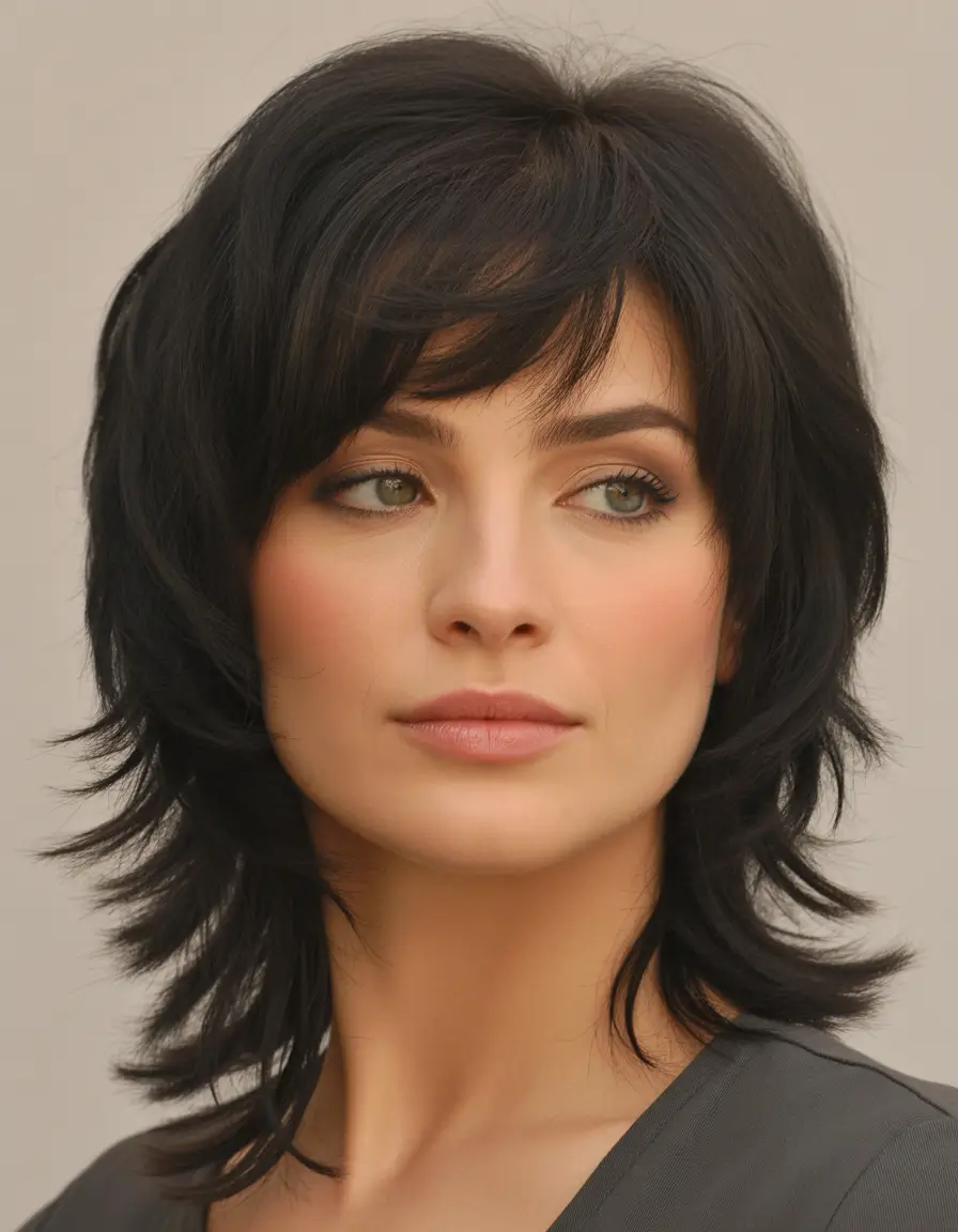 Cute Haircuts for Winter 2025–2026 Edgy Black Shag with Bangs