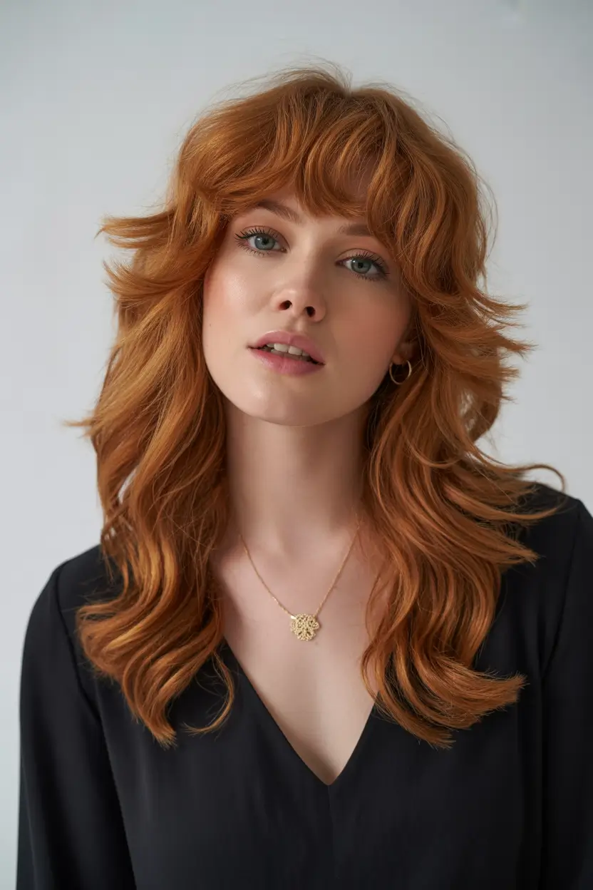 Cute Haircuts for Winter 2025–2026 Red Shag with Bangs