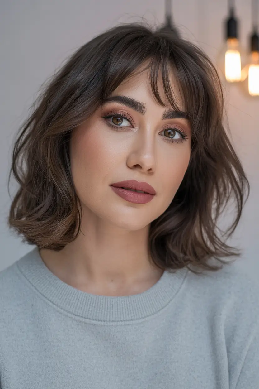 Cute Haircuts for Winter 2025–2026 Textured Brunette Bob with Bangs
