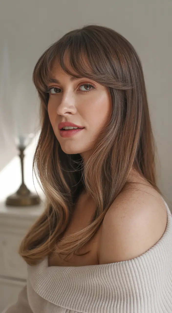 Cute Haircuts for Winter 2025–2026 Sleek Long Hair with Rounded Bangs