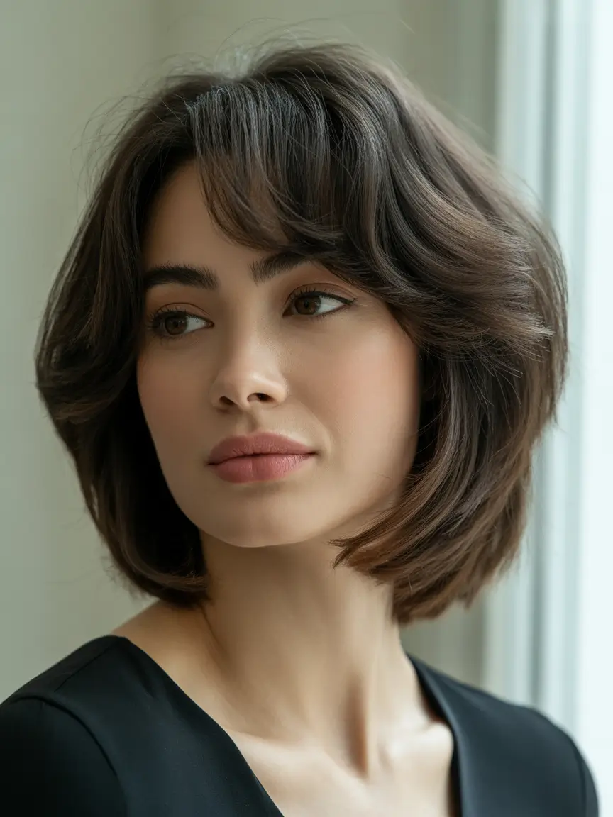 Cute Haircuts for Winter 2025–2026 Classic Medium Bob with Curtain Bangs