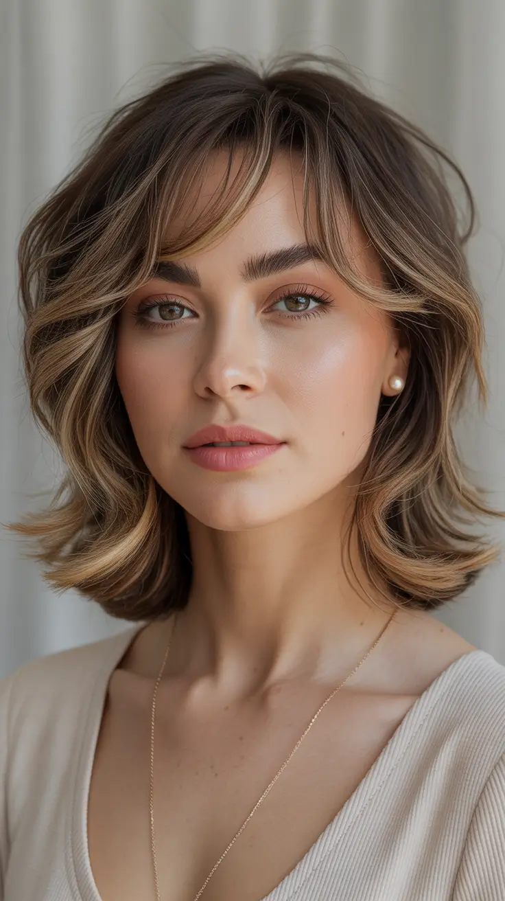 Cute Haircuts for Winter 2025–2026 Soft Wavy Medium Cut with Curtain Bangs