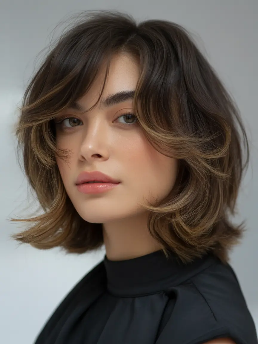 Cute Haircuts for Winter 2025–2026 Messy Medium Cut with Tousled Bangs