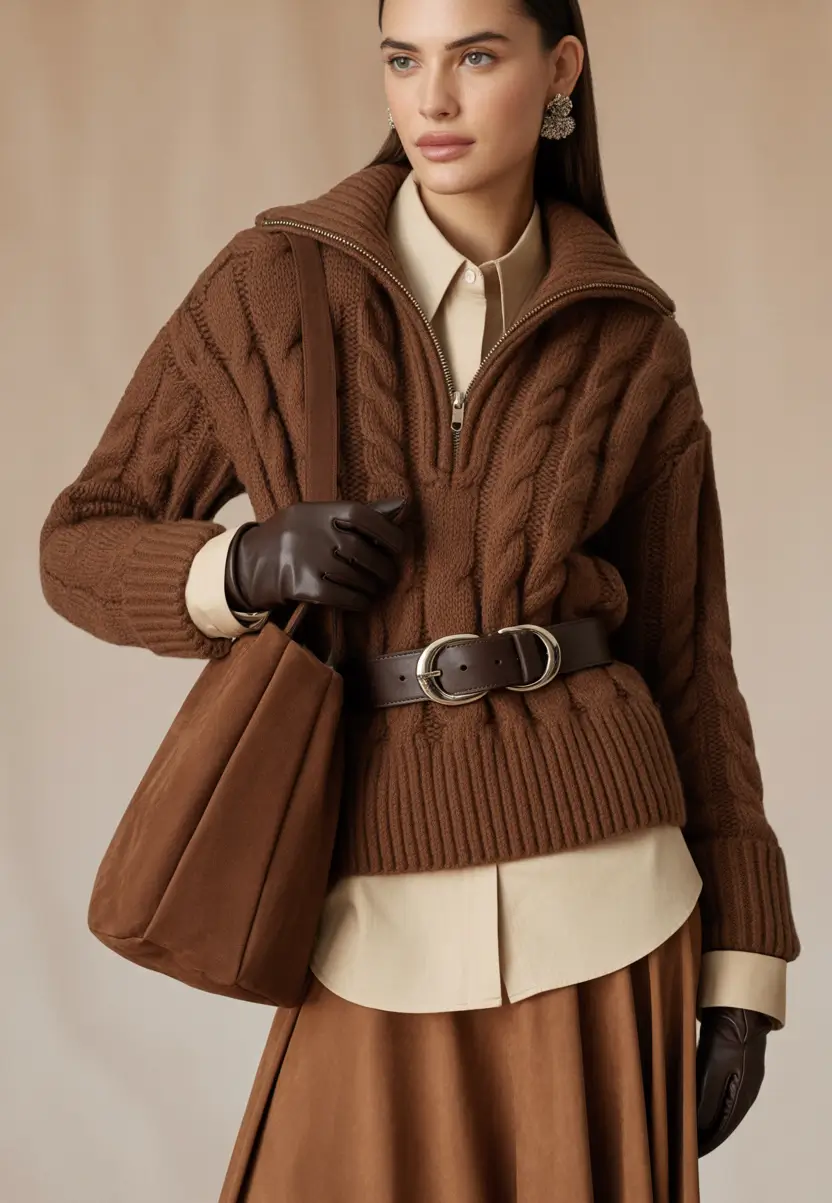 Cute Winter Outfits 2025 2026 Chocolate Layers with Belt