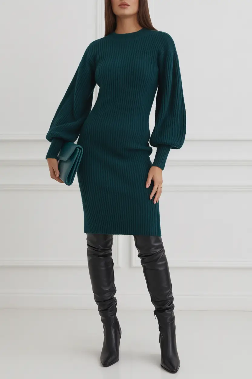 Cute Winter Outfits 2025 2026 Teal Knit Dress with Boots